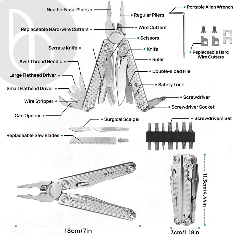 بيبوري BIBURY Multitools Pliers Pro BI2049 كماشة متعددة الأدوات قابلة للطي مع قواطع أسلاك شفرة منشار كبيرة مطورة متعددة الأدوات مع مقص ومفك البراغي مجموعة مثالية للتخييم في الهواء الطلق وإصلاح البقاء على قيد الحياة - Image 2